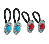 FONDOTIN 4pcs Boho Hair Ties with Vintage Silver Turquoise Flower Elastic Bands for Women - High Elasticity Ponytail Holders in Blue and Red for Beach, Wedding, and Daily Use
