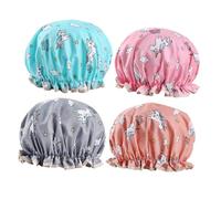 FONDOTIN 4pcs Cartoon Print Shower Caps for Women Thickened Bathing Hats with Elastic Band Breathable Reusable Spa Hair Protection Blue Grey Pink Orange