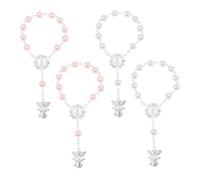 FONDOTIN 4Pcs Rosary Bracelets with Angel Pendant Baptism Favors for Elegant White and Light Pink Prayer Beads for Christening and Shower