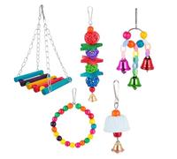 FONDOTIN 5pcs Wooden Parrot with Swing Bell for Cage Suitable for Cockatiels Parakeets Lovebirds Bright Durable Bird Chew and Climbing Accessories Random Color