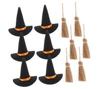 FONDOTIN 6 Set Hat Hats DIY Halloween Miniature Little Mini Witches Broom Tiny Indoor Round Crafts Hexenhut Decoration -witches Wooden