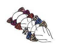 FONDOTIN 6Pcs Leopard Print Cat Ears Hairbands Adorable Flocked Headbands in Red Purple Blue Gold Silver Pink Comfortable Hair Accessories for Cosplay Parties and Photo Props
