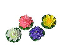 FONDOTIN Artificial Floating Water Lily Flowers 4pcs Set, Foam Garden Lotus Decorations for Pond Aquarium Pool, 17cm White Pink Yellow Purple, Outdoor Floating Floral Ornaments for Home Patio