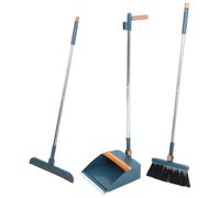 FONDOTIN Blue 3pcs Household Cleaning Set - Broom and Dustpan with Long Handle, Floor Scraper Squeegee for Bathroom and Tile Walls, Home Cleaning Tools for Indoor Use