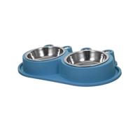 FONDOTIN Double Pet Bowl for Cats and Puppies, Stainless Steel Feeding Bowls with Anti-ant Moat, Non-slip Plastic Base, Small Size Navy Blue for Indoor Pet Feeding