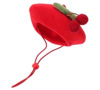 FONDOTIN Fleece Beret Cap for Pets with Red Cherry Design, Small Dog and Cat Headwear, Soft Warm Pet Hat for Costume, Photography, and Everyday Wear