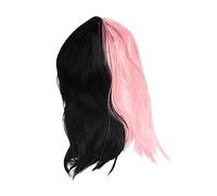 FONDOTIN Half Black Half Pink Long Synthetic Wig for Women Straight Split Color Hair Accessory Handmade Cosplay and Party Hairpiece Suitable for Halloween and Daily Wear