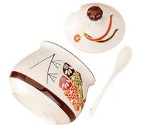 FONDOTIN Japanese Ceramic Seasoning Jar with Lid and Spoon High-temperature Resistant Kitchen Storage Container for Sugar Pepper and Spices Hand-painted Carp Design Large Capacity Pot for
