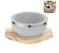 FONDOTIN Korean Stone Bowl with Wooden Tray Heat Resistant Bibimbap and Soup Bowl for Rice Stew Cooking Stone Pot with Protective Wood Base for Home Kitchen Use