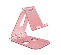 FONDOTIN Metal Phone Bracket Aluminum Alloy Desktop Holder with Non Slip Silicone Pad Triangular Stability Compact Portable Multi Angle Stand with Charging Hole Rose Gold for Phones