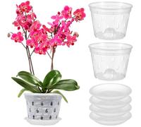 FONDOTIN Orchid Pot, 6 Pack 5 Inch Clear Orchid Pots with Holes and Saucers for Repotting, Breathable Slotted Plastic Planters with Drainage for Root Health Indoor Outdoor