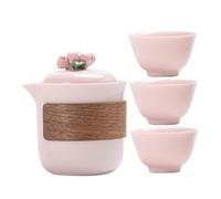 FONDOTIN Portable Pink Ceramic Travel Tea Set with Floral Lid Ergonomic Handgrip Teapot and Cups Optimal Heat Retention for Business Trips Outdoor Picnics Office Use Compact Lightweight