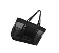 FONDOTIN Practical Black Beach Mesh Tote Bag with Carry Strap Portable Storage Pouch for Travel Swimming Bathroom Use for Shells Sand and Bath Essentials