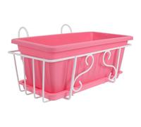 FONDOTIN Rectangular Hanging Flowerpot Shelf Set with Pink Plastic Planter, White Metal Rack and Tray for Balcony Gardening, Suitable for Patio Rail and Home Planting