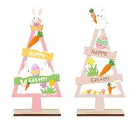 FONDOTIN Wooden Easter Bunny Tabletop Centerpiece 2Pcs Miniature Rabbit Figurines Rustic Happy Easter Signs for Home Office Seasonal Desktop Decoration