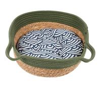 FONDOTIN Woven Rattan Cat Bed Set with Cotton Cushion, Breathable Small Green Semi-enclosed Nest for Indoor Kitten Sleeping and Resting, Sturdy Natural House Random Style