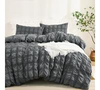 Fondream Grey Seersucker Duvet Cover Double Size Pompom Tassels Design Bedding Set Textured Bedding Set with Zipper Closure (Grey, Double)
