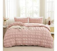 Fondream Pink Seersucker Duvet Cover King Size Pompom Tassels Design Bedding Set Textured Bedding Set with Zipper Closure (Pink, King)