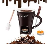 Fondue Mug, Chocolate Fondue Mug Sets with Forks & Cup Brush, Hot Chocolate Melting Fondue Cup for Cheese, Caramel & Butter Ceramic Hot Pots Bowl Set for Cheese Chocolate Butter (Black)