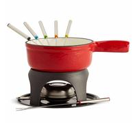 VonShef Fondue Set, Red Enamel Cast Iron Pan for Swiss-Style Cheese or Chocolate Fondue, Includes 6 Colour Coded Forks & Adjustable Burner