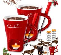 Fonduemug - Handmade Chocolate Melting Mug, 2 in 1 Meltie Cup, Christmas Chocolate Fondue Mug Set with Fork and Candle, Cute Fondue Cup for Date Night Birthday Wedding Gifts (Red-2pcs)