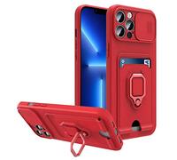 fonefunshop Compatible With iP 13 Pro - Red Multi Function Case with Magnetic Ring Holder Camera Shutter & Card holder
