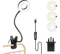 Foneso LED Desk Lamp with USB Adapter, 3 Color Modes 10 Brightness Eye Caring Clip on Clamp Light, Flexible Gooseneck Book Light for Reading/Studying/Working/Conferencing, Clip on Table, Headboard