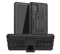 Fonetek® Compatible with GALAXY A51 (6.5"), Slim Armour Tyre Tread Stylish Defender Heavy Duty Shockproof Case Cover with Back Stand + LCD Screen Protector Guard for Samsung Galaxy A51 (Black)