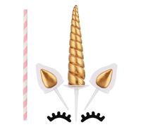 FONGKNOX 5Pcs Unicorn Birthday Cake Topper Handmade Gold Unicorn Cake Decoration Unicorn Horn Ears and Eyelash Cake Decorations for Birthday Party Baby Shower and Wedding