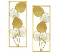 FongYeueWY Golden Metal Art Wall Sculptures 32" X 12" Ruffled Fan Palm Leaf Wall Home Decors Modern Wall Hanging Sculptures with Frame for Kitchen Bedroom Living Room Home Office (Set of 2)