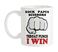 Fonhark - Rock Paper Scissors Mug, Rock Paper Scissors Throat Punch I Win, 11 Oz Novelty Coffee Mug/Cup, White