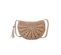 FonHNDG Beach Straw Bag Half Round Straw Bag for Women Summer Beach Rattan Shoulder Zipper Woven Moon Crossbody Handbags(Khaki)