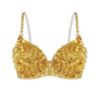 FonHNDG Belly Dancer Top Womens Belly Dancing Bustier Bra Sparkle Glittering Sequins Beading Padded Top for Dances Carnival Costumes(Gold,34)