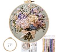 FONNUY Bouquet Flowers Embroidery Kit for Beginners, Pre-Stamped Pattern Kits for Adults with Hoop, Easy to Follow Color Thread Needlework, 8'' Hoop (Timeless Elegance)
