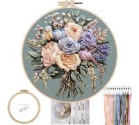 FONNUY Bouquet Flowers Embroidery Kit for Beginners, Pre-Stamped Pattern Kits for Adults with Hoop, Easy to Follow Color Thread Needlework, 8'' Hoop (Joyful Bouquet)