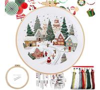 FONNUY Crewel Christmas Embroidery Kit for Beginners, Cross Stitch Set Winter Snow Scene Pine Owl Pattern for Adults, Easy to Follow Color Thread Needlework, 8'' Hoop (Snow Village)
