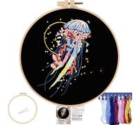 FONNUY Crewel Embroidery Kit for Beginners, Pre-Stamped Pattern Kits for Adults with Hoop, Easy to Follow Color Thread Needlework, 8'' Hoop (Jellyfish A)
