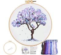 FONNUY Crewel Embroidery Kit for Beginners, Seasonal Tree Pre-Stamped Pattern Kits for Adults with Hoop, Easy to Follow Color Thread Needlework, 8'' (Purple)