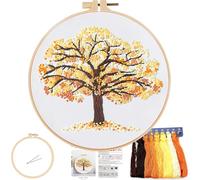 FONNUY Crewel Embroidery Kit for Beginners, Seasonal Tree Pre-Stamped Pattern Kits for Adults with Hoop, Easy to Follow Color Thread Needlework, 8'' (Yellow)