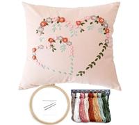 FONNUY Crewel Pillow Case Embroidery Kit, Heart Shaped Loving You Floral Stamped Pattern Kits for Audlt Beginners, Works Crafts Throw Pillow Cover Great Gift for Loved Ones, 18 x 18'' (Coral)