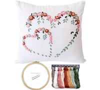 FONNUY Crewel Pillow Case Embroidery Kit, Heart Shaped Loving You Floral Stamped Pattern Kits for Audlt Beginners, Works Crafts Throw Pillow Cover Great Gift for Loved Ones, 18 x 18'' (Beige)