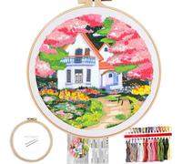 FONNUY Embroidery Kit for Beginners, Boho Nature Landscape Pre-Stamped Pattern Kits for Adults with Hoop, Easy to Follow Color Thread Needlework, 8'' Hoop (Flower House)