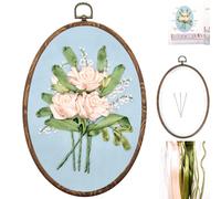 FONNUY Ribbon Embroidery 3D Flowers Pattern Design Kit Embroidery DIY Handwork Set Oval Home Decoration (Champagne Rose)