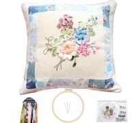 FONNUY Ribbon Pillow Case Embroidery Kit, Throw Pillow Cover, 3D Pre-Stamped Pattern Kits for Audlt Beginners, Blooming Flowers, 18 x 18'' (Blue)
