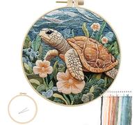 FONNUY Sea Turtle Floral Embroidery Kit, Cross Stitch Kits for Beginners, Handmade Crafts with Printed Patterns for Adults, Easy to Follow Color Thread Needlework, 8'' Hoop (Turtle and Flowers)