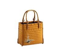 Fonowx Bamboo Woven Handbag Rectangular Basket Purse Tote Satchel With Open Top And Lining Lightweight Build With Round Handles suitable for errands travel, Bamboo Yellow Silk Printed Handbag