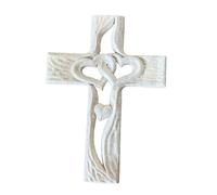 Fonowx Carved Wood Cross Sacred Intertwined Heart Blessing Gift Wooden Love Cross Crucifix for Thanksgiving Tabletop Couple, Large White