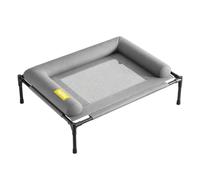 Fonowx Elevated Rest Raised Pet Bed Cot Sofa With Bolster Edge Steel Tube Frame Mesh Panel PU Leather Outer Low Profile suitable for indoor crate setups quiet corners, Gray, M