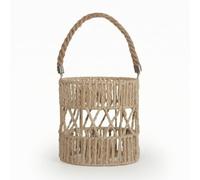 Fonowx Handwoven Paper Lamp Shade Candle Holder Lantern Featuring Cylindrical Openwork And Arched Handle Paper Rope And Iron Build suitable for table styling