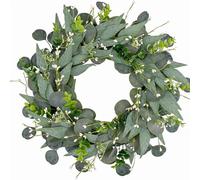 Fonowx Imitation Foliage Wreath Natural Look Eucalyptus Artificial Wall Hanging Greenery with Realistic Leaves Bud Vine Suitable for Entryway Room Decoration, Eucalyptus Wreath With White Buds, 50cm